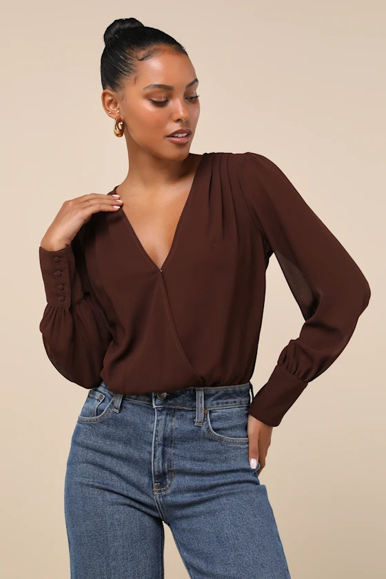 Sophisticated Aspect Brown Chiffon Surplice Long Sleeve Bodysuit | Lulus
