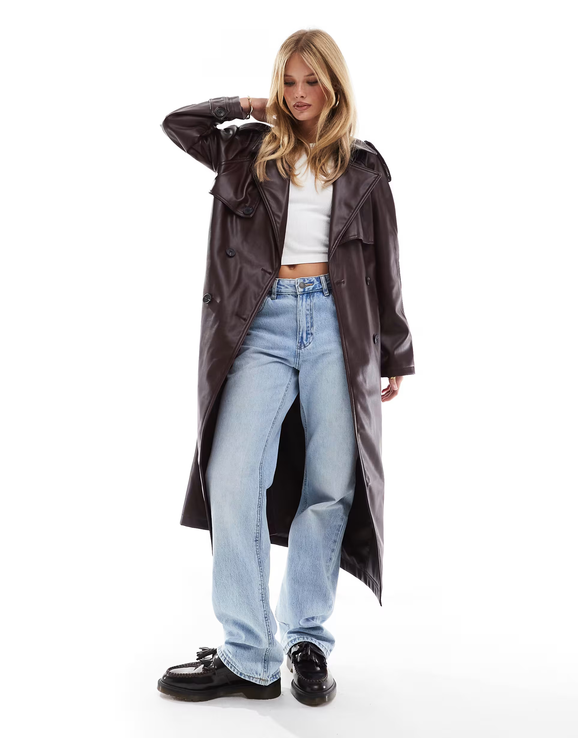 ASOS DESIGN leather look trench coat in burgundy | ASOS | ASOS (Global)