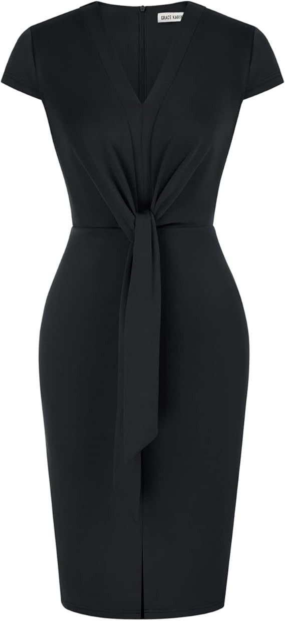 GRACE KARIN Women's Summer Midi Dresses Cap Sleeve Tie Waist Work Dress Slit V-Neck Bodycon Dress... | Amazon (US)