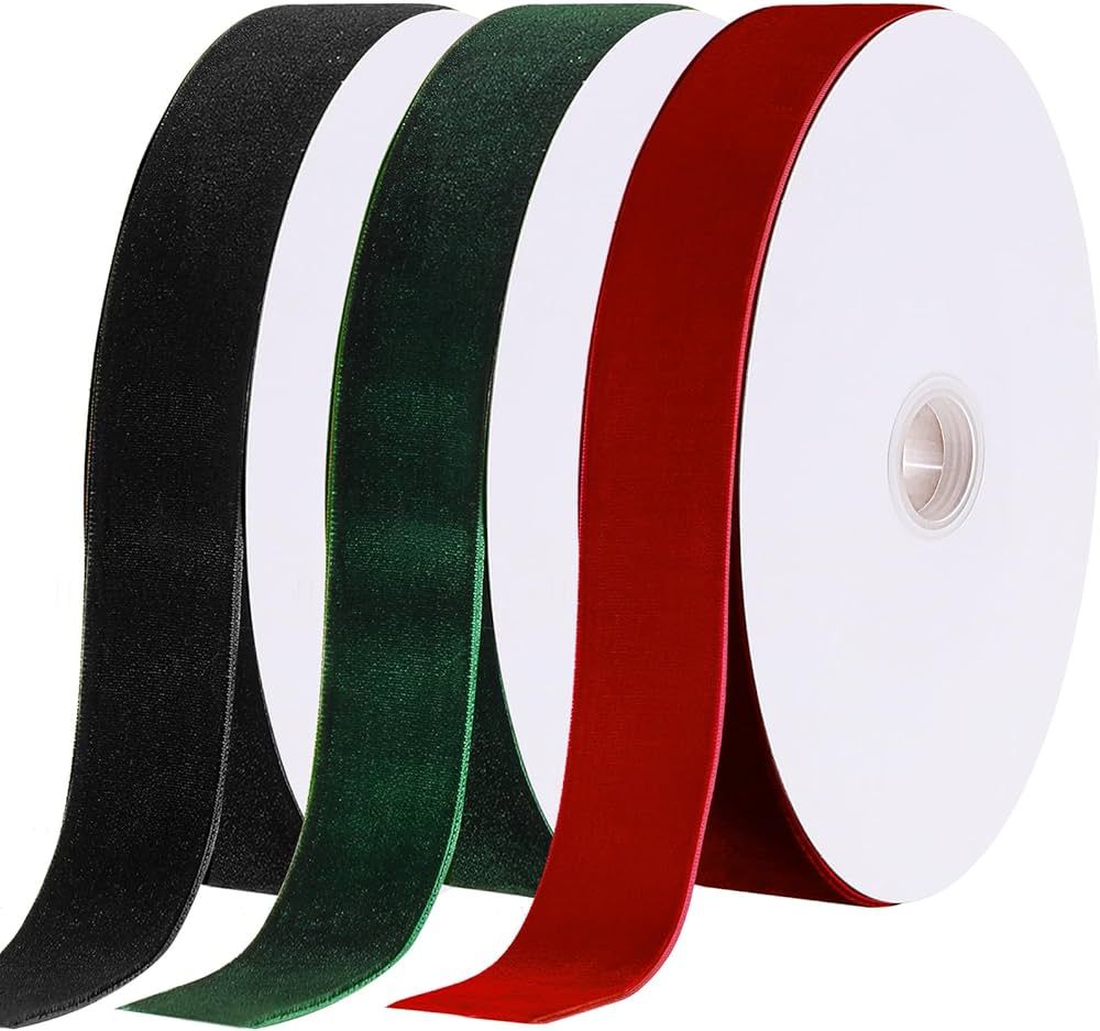 3 Rolls Christmas Velvet Ribbon Single Face Velvet Ribbon Vintage Velvet Satin Ribbon Wide Solid ... | Amazon (US)