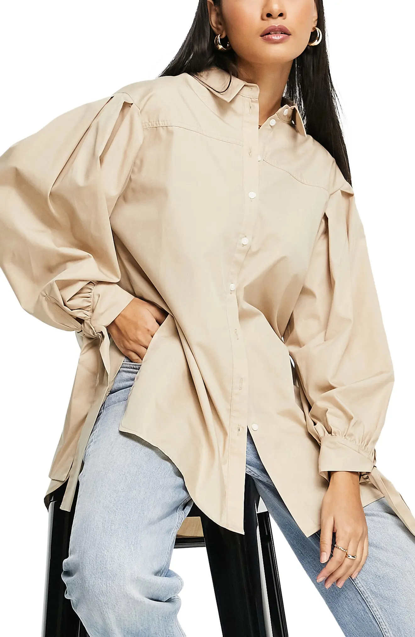 Topshop Tie Back Oversized Button-Up Shirt in Camel at Nordstrom, Size 8 Us | Nordstrom