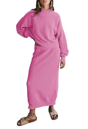 Pink Queen Women's Sweater Skirt Set 2 Piece Outfits Knit Mock Neck Puff Long Sleeve Top Pencil Maxi Dress Rose Red M | Amazon (US)