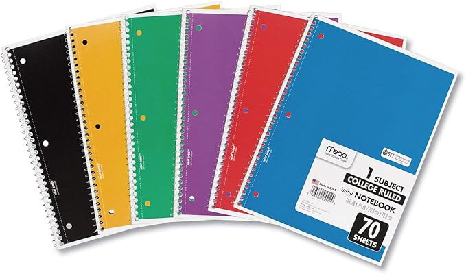 Mead Spiral Notebook, 6 Pack, 1 Subject, College Ruled Paper, 7-1/2" x 10-1/2", 70 Sheets per Not... | Amazon (US)
