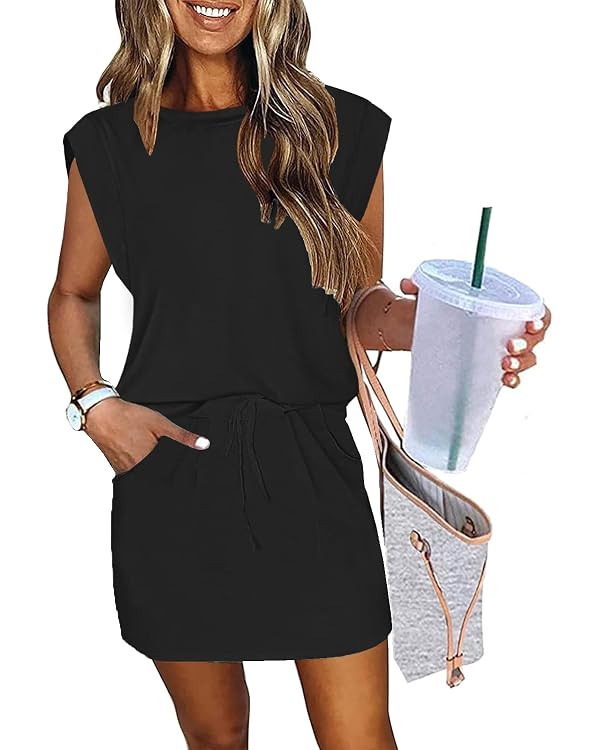 ETCYY NEW Womens Cap Sleeve Summer Dress Crew Neck Tie Front A-Line Dresses Double Layer Hem Mini... | Amazon (US)
