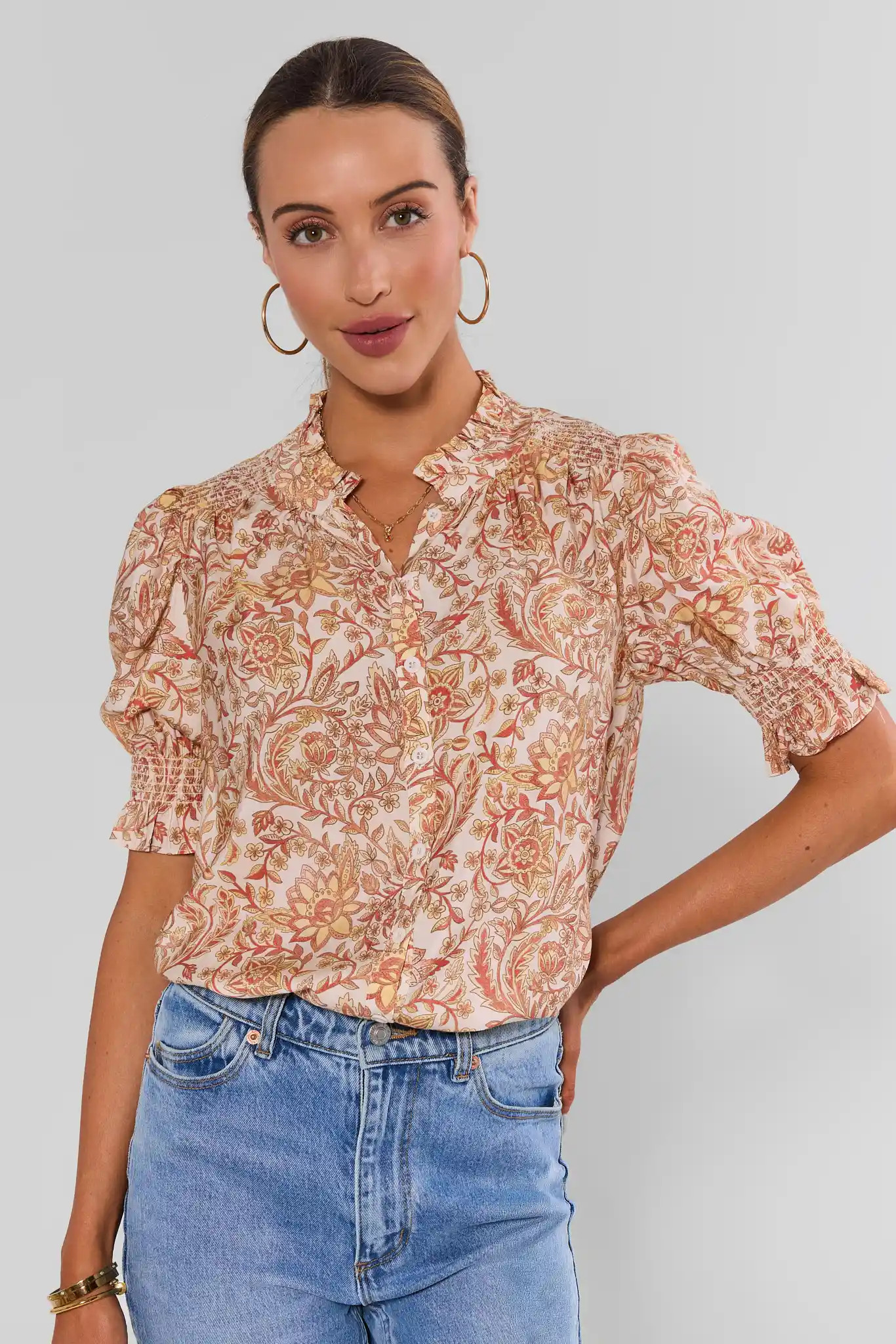 Cream Floral Printed Button Up Top | Avara