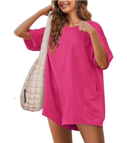 Yozazzy Womens Tee Rompers Hot Shot One Piece Shorts Jumpsuits Athletic Workout Overall with Pockets(Hot-pink-S) | Amazon (US)