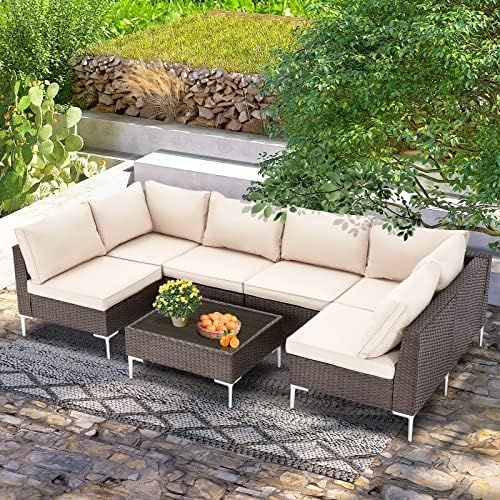 HOMREST Wicker 7 Pieces Patio Furniture Set,Outdoor Sectional Sofa Patio Lawn Conversation Set, w... | Amazon (US)