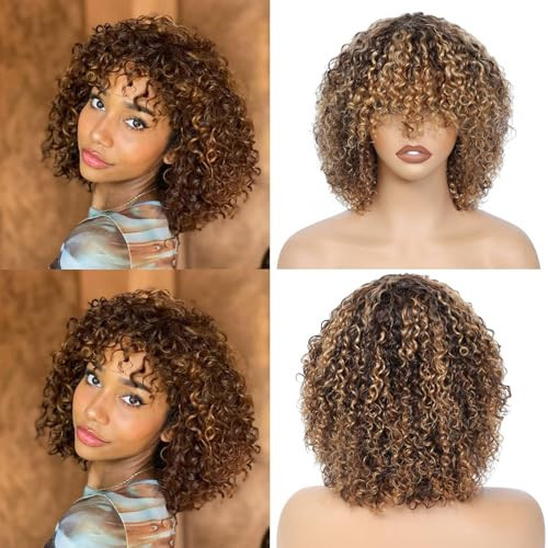 LYOLKSER 200 density short curly human hair wig with bangs 100 percent human hair no lace wig for black women highlight P4/27 brown and blonde 12 inch | Amazon (US)