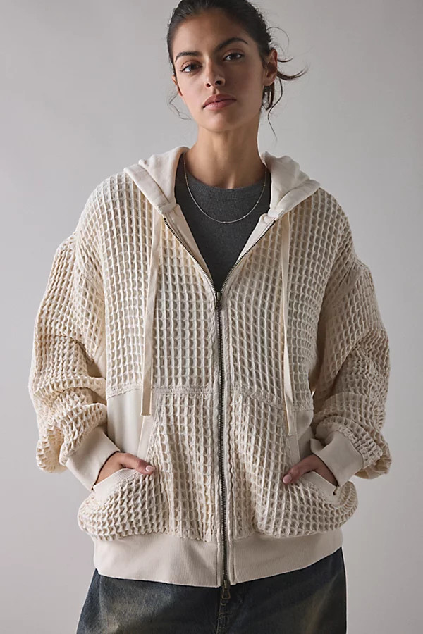 BDG Field Day Waffle Knit Zip-Up Hoodie Sweatshirt in Ivory, Women's at Urban Outfitters | Urban Outfitters (US and RoW)