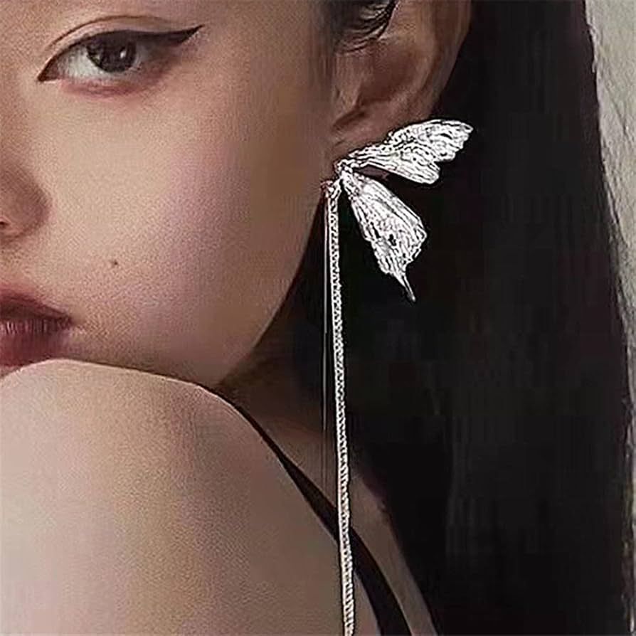 Unique Butterfly Earrings with Long Chain Tassel Punk Silver Butterfly Wing Earrings Hip Hop Long... | Amazon (US)