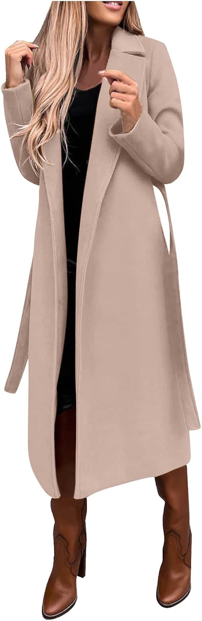 Women's Trench Coat 2022 Faux Wool Coat Lapel Thin Trench Long Jacket Ladies Slim Long Belt Ring ... | Amazon (US)