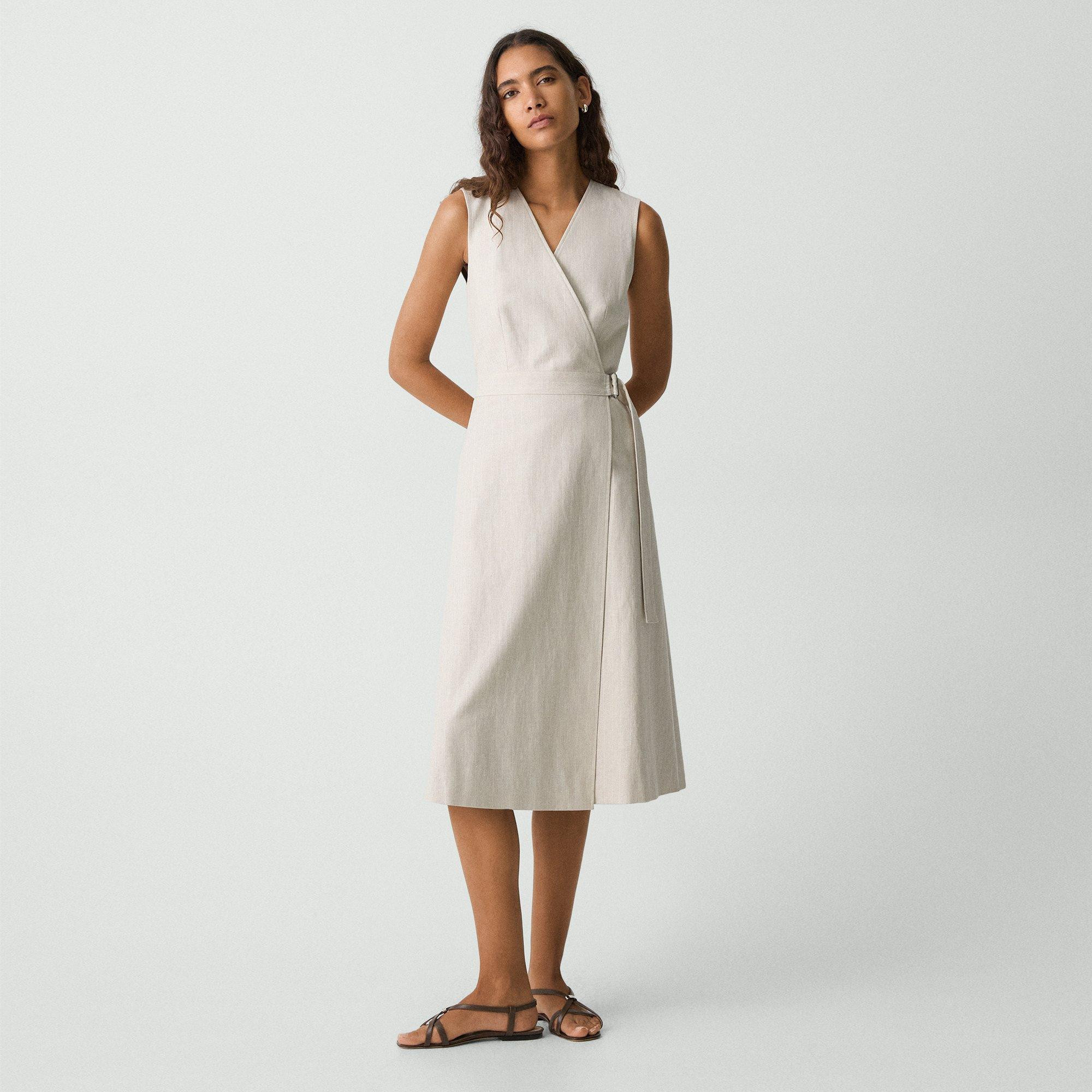 Sleeveless A-Line Wrap Dress in Striped Canvas | Theory
