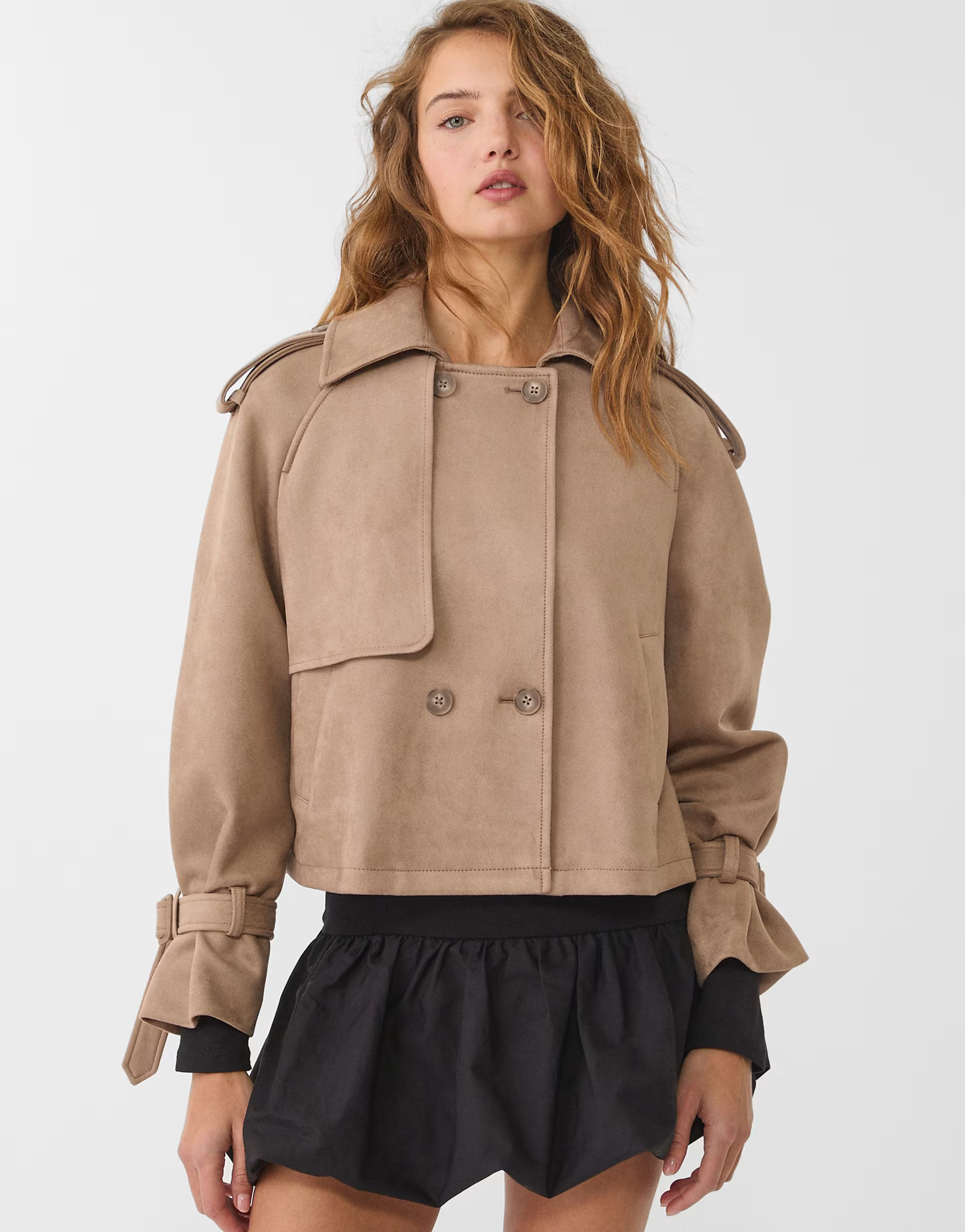 Stradivarius short faux suede trench coat in caramel | ASOS (Global)