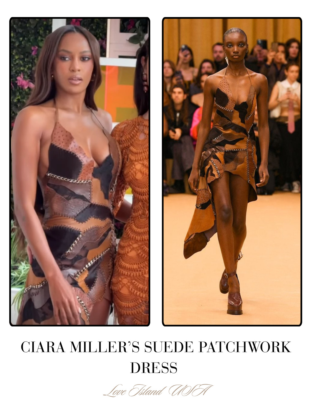 Ciara Miller's Brown Suede Patchwork Dress on Love Island USA / Photo: @CiaraMiller 

 