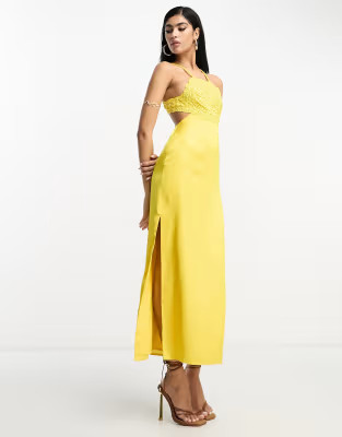 ASOS DESIGN embroidered bodice satin bias midi dress with open back in mustard | ASOS (Global)