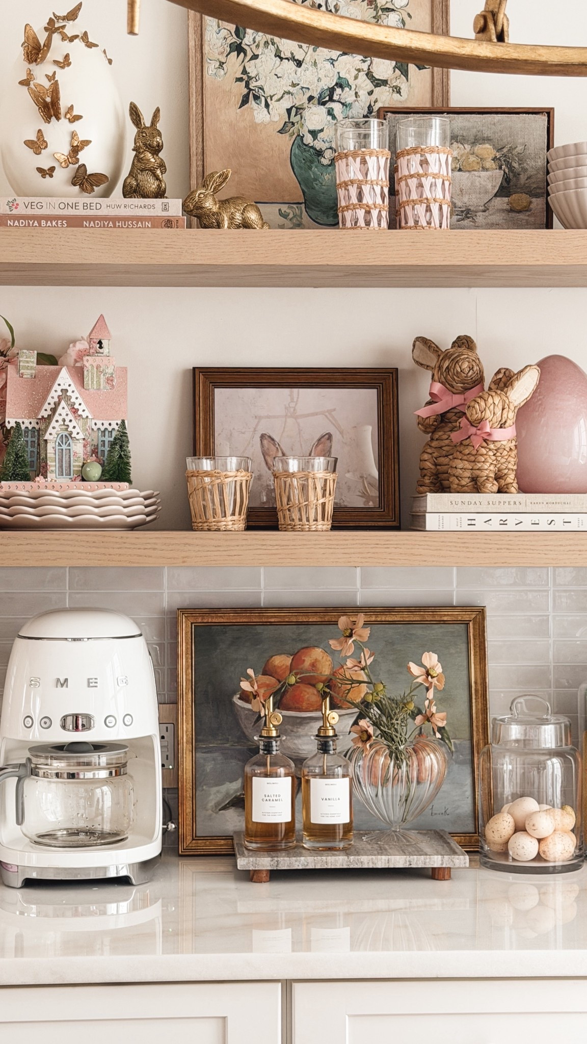 Easter shelves, Easter decor, coffee bar decor, smeg, Easter decorating  