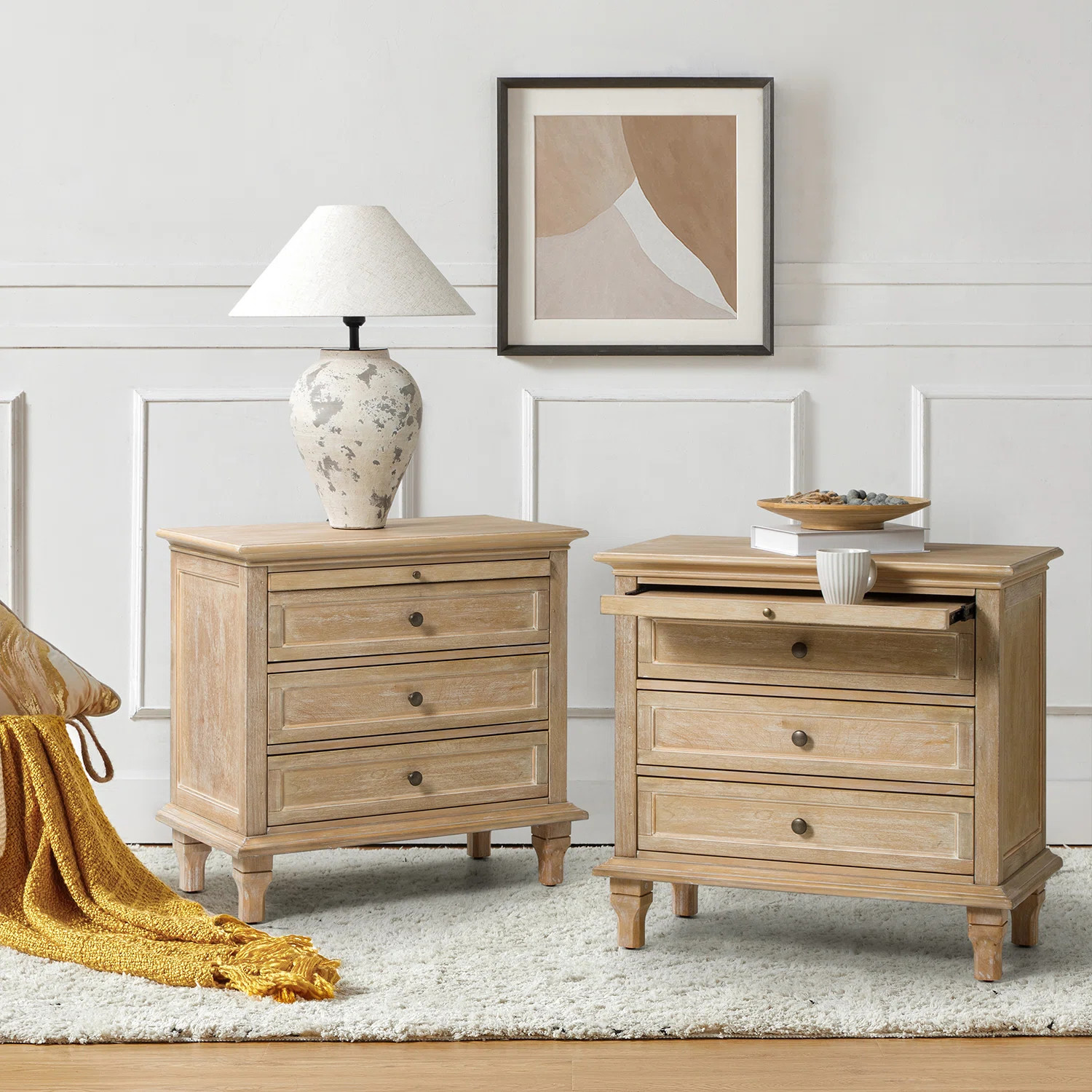 Arthelia Traditional 28.37''W 3-Drawer Nightstand with Charging Station and Pull-out Shelf | Wayfair North America
