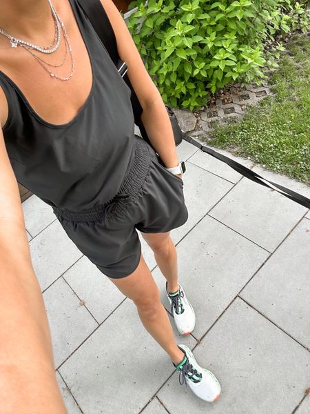 Todays walkfit! Wearing size small in the romper, 20% off in cart. Size up 1/2 size in shoes for running  