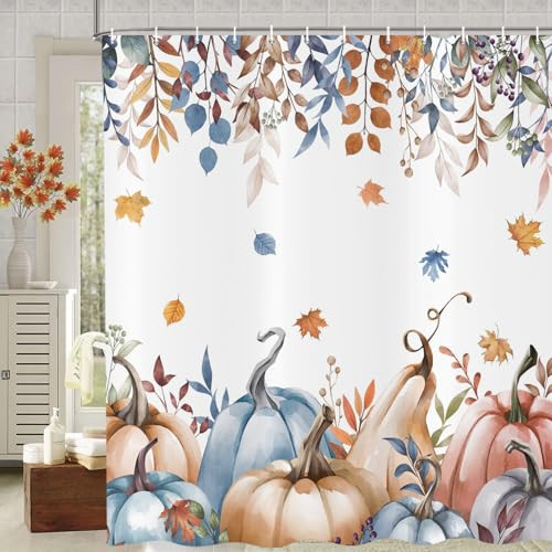 deFouliao Autumn Leaves Shower Curtain Watercolor Fall Harvest Thanksgiving Pumpkin Leaves Bathroom Shower Curtain Sets for Bathtub Home Decor Waterproof with Hooks, 72x84 Inch | Amazon (US)