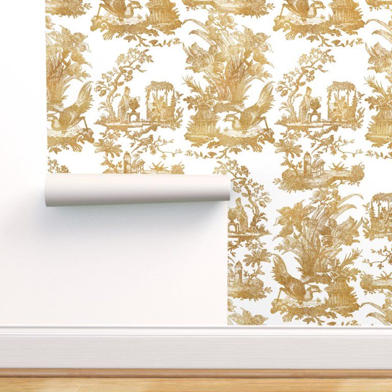 Peel & Stick Wallpaper Swatch - Vintage Style Chinoiserie Toile White Faux Gold Asian Inspired Cu... | Walmart (US)