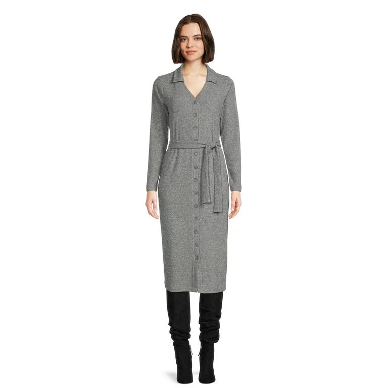 Time and Tru Women's Button Front Knit Midi Dress with Long Sleeves | Walmart (US)