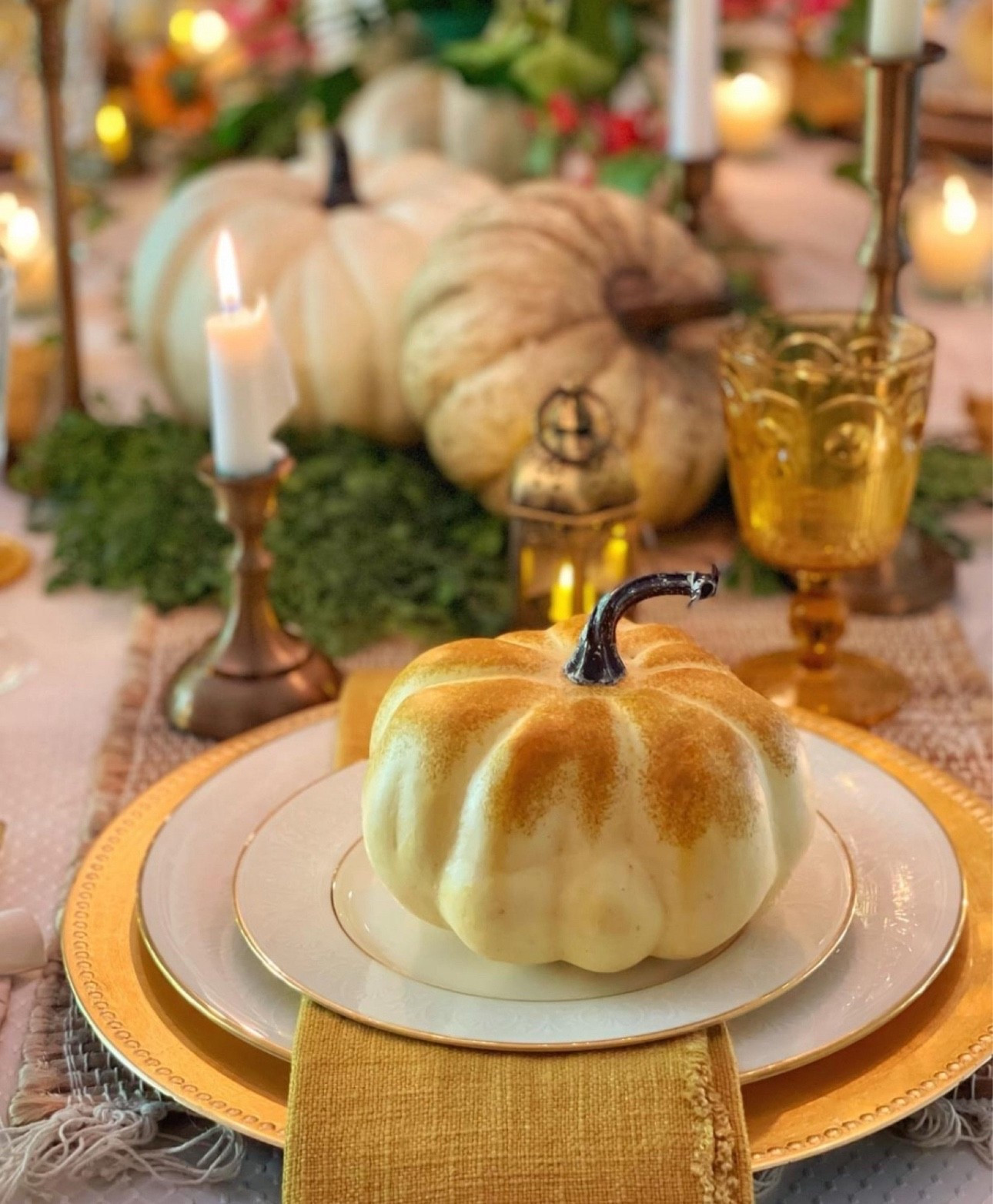 Cozy Thanksgiving Tablescape ideas for a festive fall dinner party

Dinnerware, faux pumpkins, gold chargers, candles 

#LTKHoliday #LTKSeasonal #LTKHome