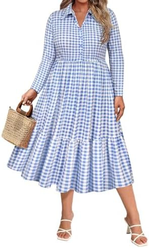 CARCOS Plus Size Dresses for Curvy Women Collared Vneck Long Sleeve Dresses Midi Fall Winter Dres... | Amazon (US)