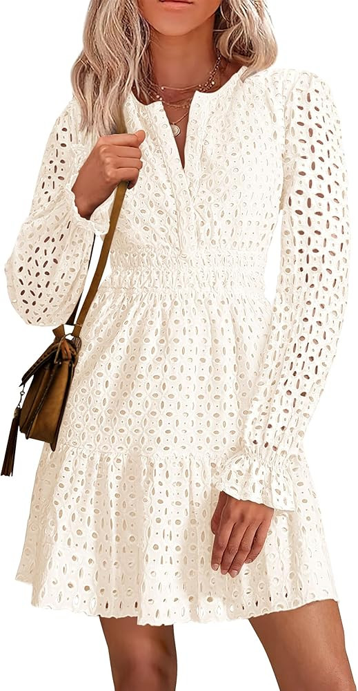PRETTYGARDEN Women's 2025 Long Sleeve Mini Dress Eyelet V Neck A Line Casual Elegant Holiday Wedd... | Amazon (US)