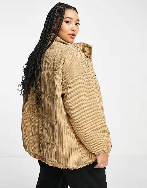 Daisy Street Plus ribbed brown quilted corduroy coat with high neck collar | ASOS (Global)