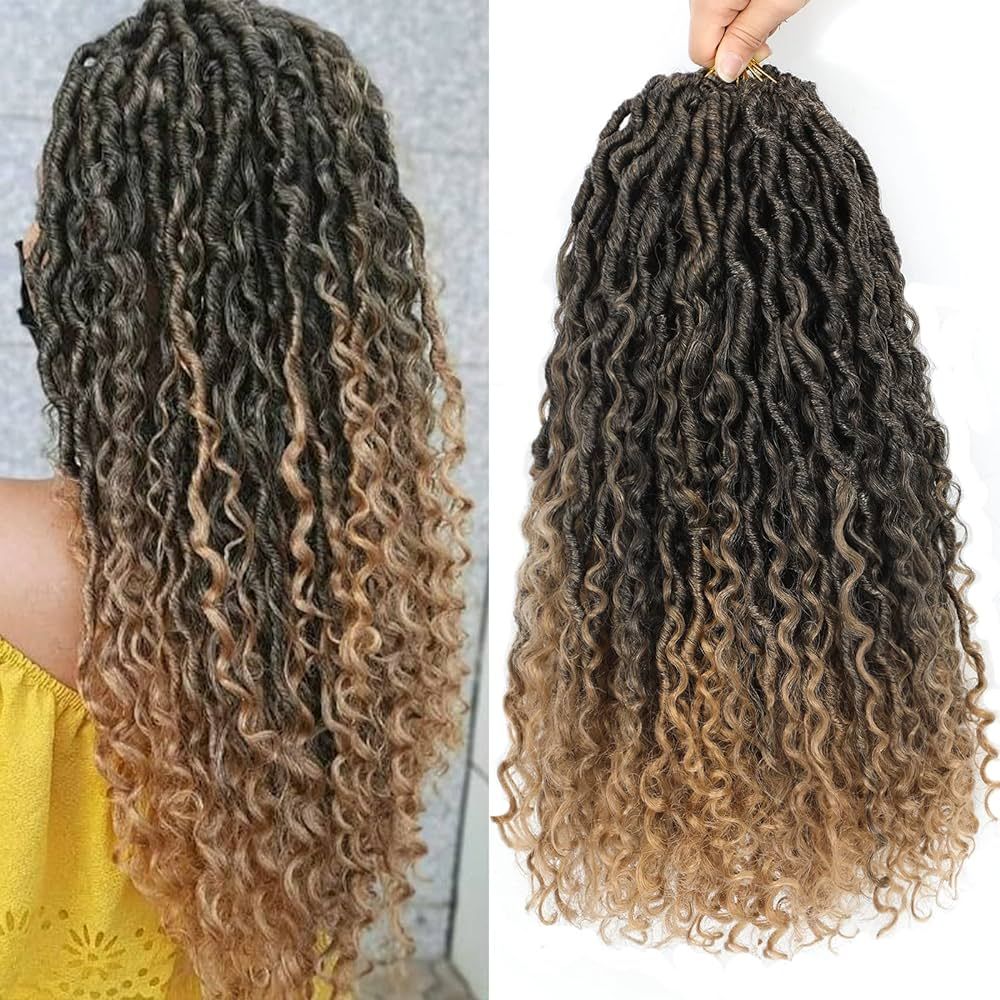 Goddess Locs Crochet Hair Brown 18 Inch 7 Packs Faux Soft Pre Looped Braids Curly boho Synthetic ... | Amazon (US)