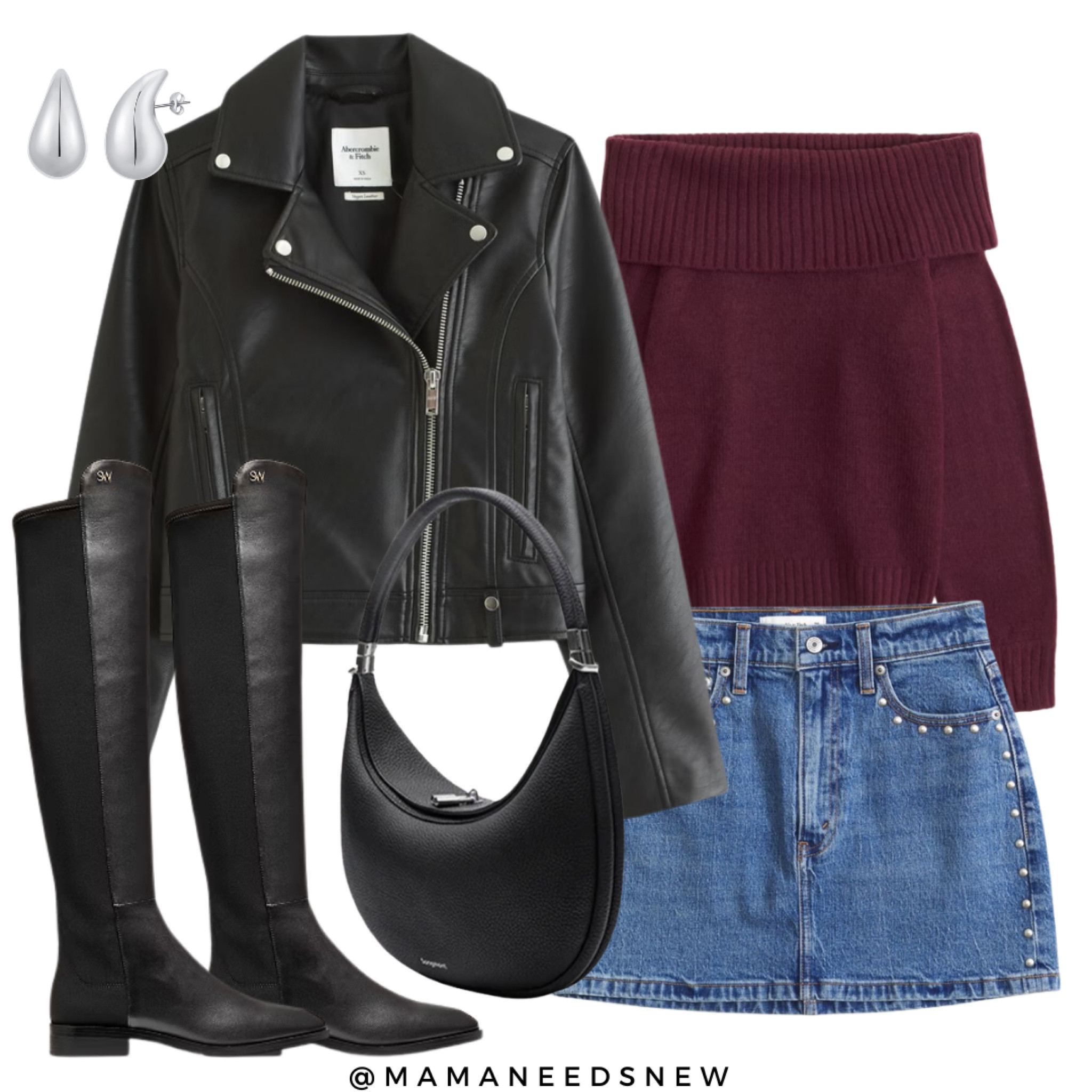 A fall outfit with leather jacket, off shoulder sweater, studded denim skirt & over the knee boots 🖤

#LTKSeasonal #LTKSaleAlert #LTKShoeCrush