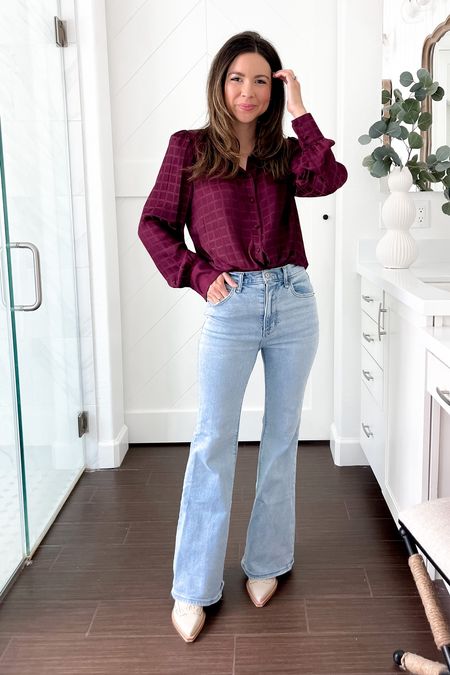 In love with this burgundy top with flare jeans from the NSALE !! 

Top xs 
Jeans linking similar options 
Boots 5.5 

#LTKunder100 #LTKstyletip #LTKxNSale