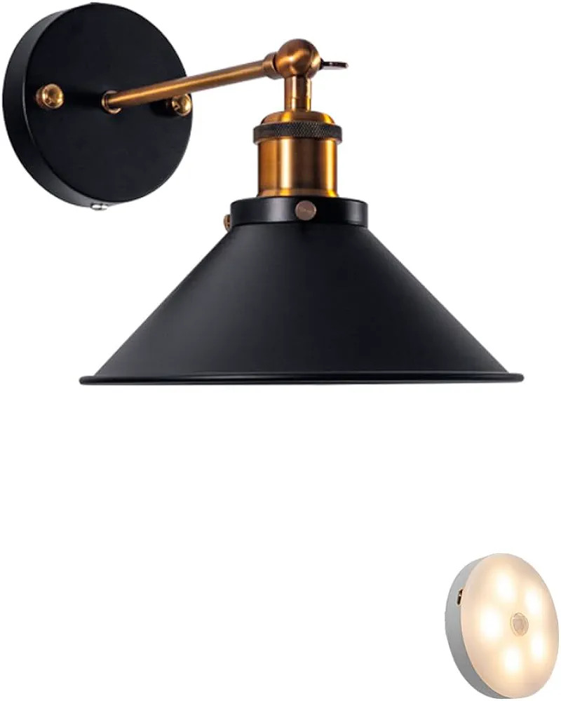 Rechargeable Battery LED Bulb Motion Sensor Wireless Wall Sconce Black Metal Shade Vintage Design... | Amazon (US)