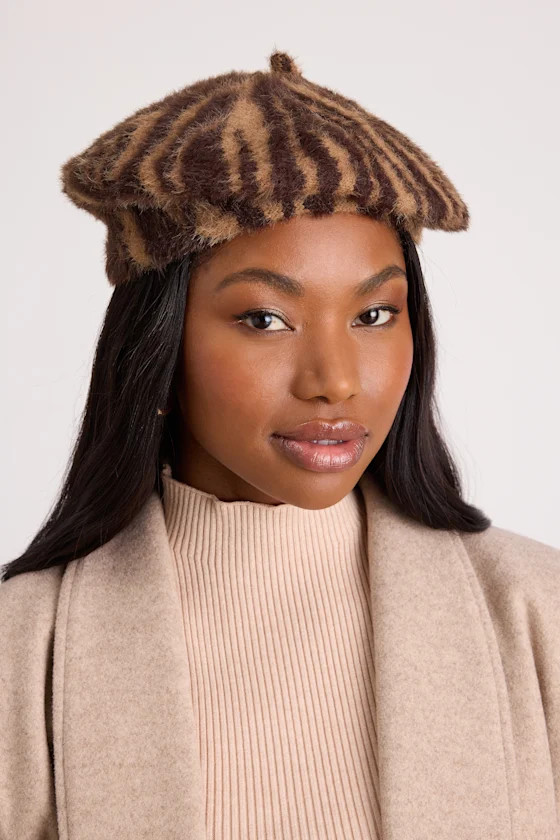 Dashwood Brown Animal Print Fuzzy Knit Beret | Lulus