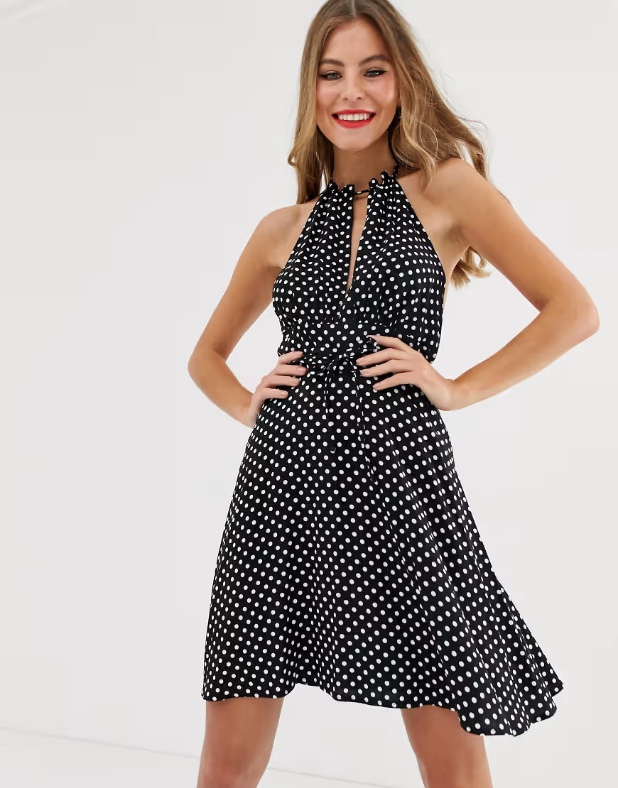 ASOS DESGN halter neck mini sundress with wrap around waist in spot-Multi | ASOS (Global)