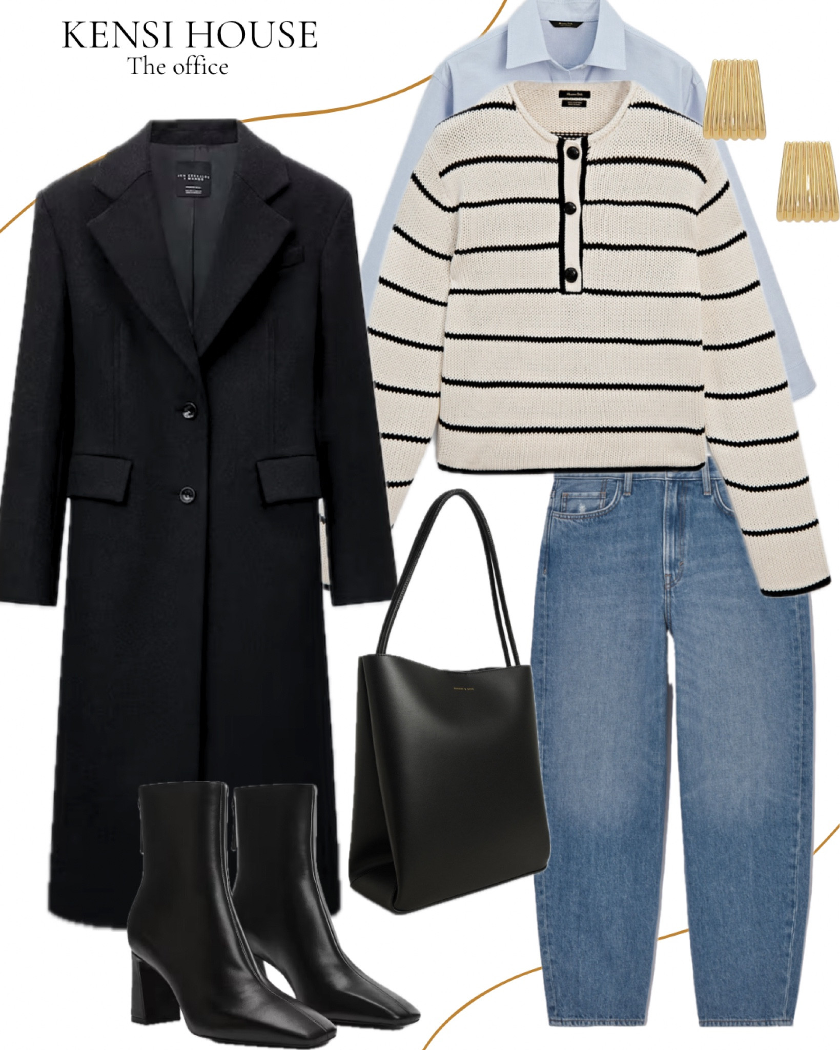 An office outfit for winter days
Black wool coat, blue jeans, striped jumper, blue shirt, tote bag, heeled ankle boots, gold earrings 

#LTKworkwear #LTKSeasonal #LTKMostLoved