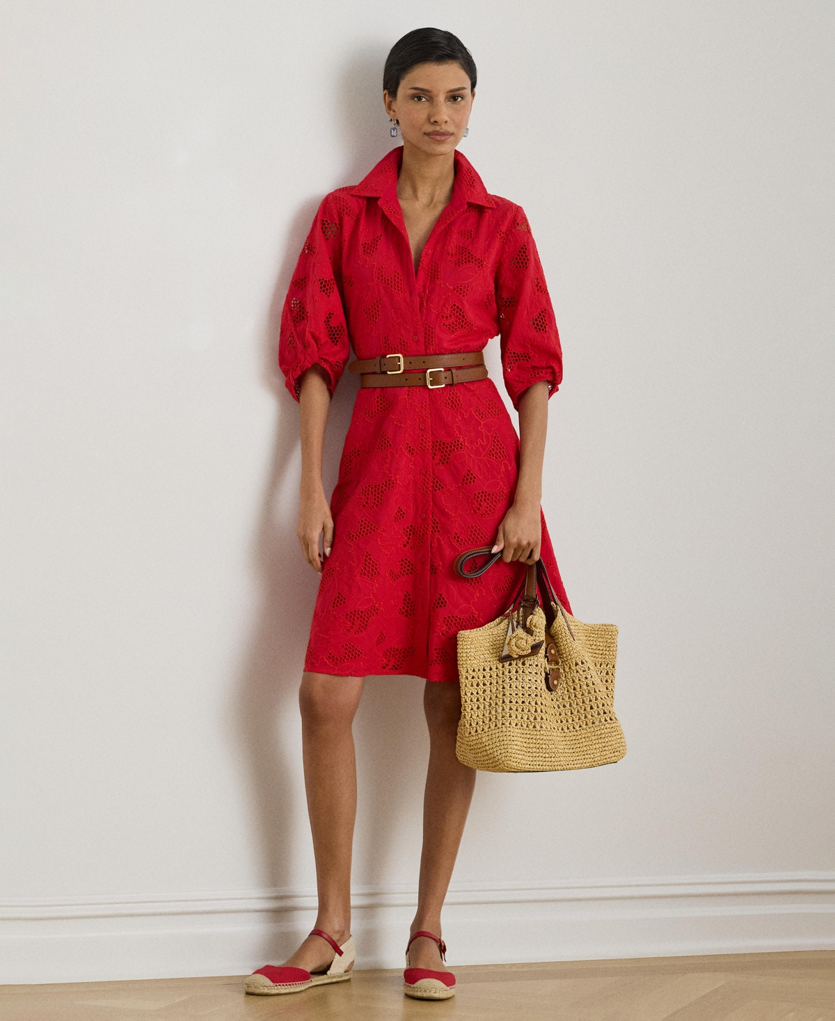 Lauren Ralph Lauren Women's Eyelet Voile Balloon-Sleeve Collared Shirt Dress - Cruise Red | Macy's