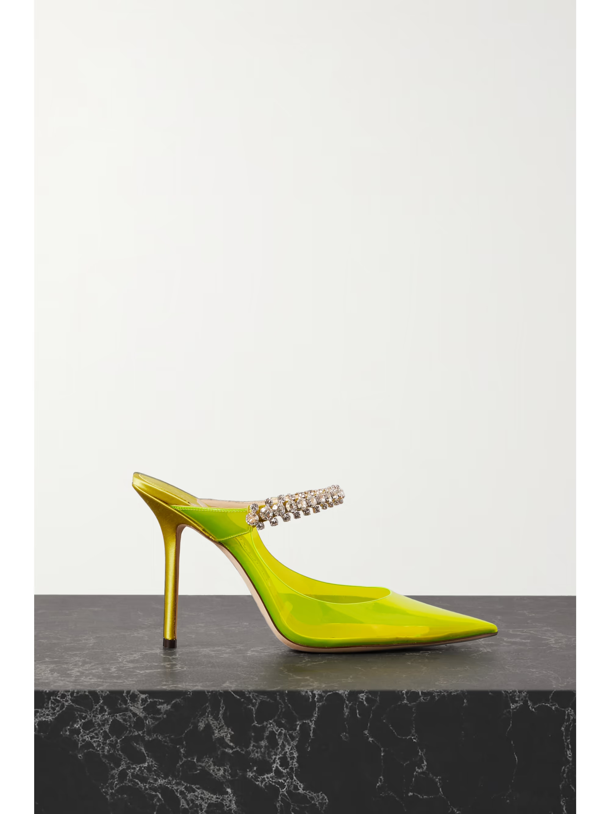 Lime green Bing 100 neon PVC and crystal-embellished satin mules | JIMMY CHOO | NET-A-PORTER | NET-A-PORTER (US)