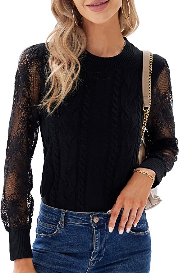 Women's Pullover Sweaters Long Lace Sleeve Crew Neck Sweater Top Black S at Amazon Women’s Clot... | Amazon (US)