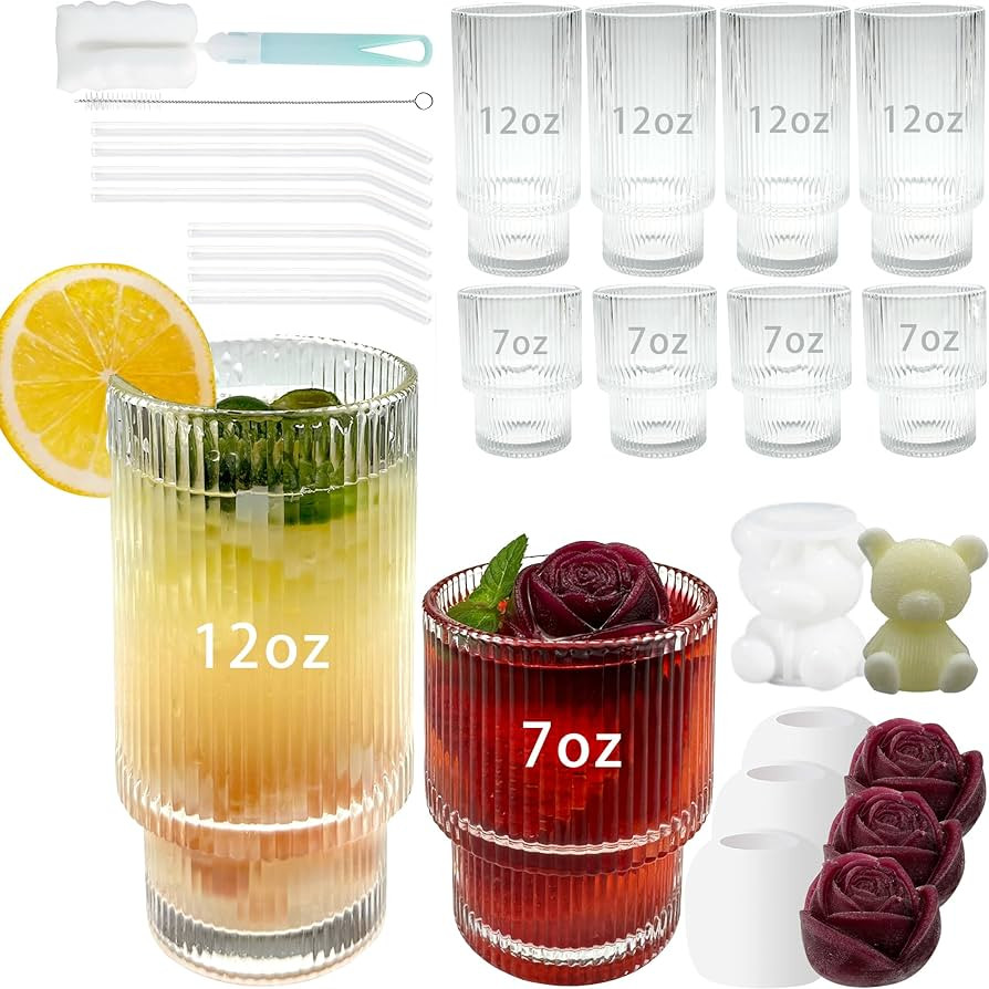 Ribbed Glasses - Easy-to-Grip Glassware Set with Straws and Ice Molds - 12oz x 4, 7oz x 4 - Vinta... | Amazon (US)
