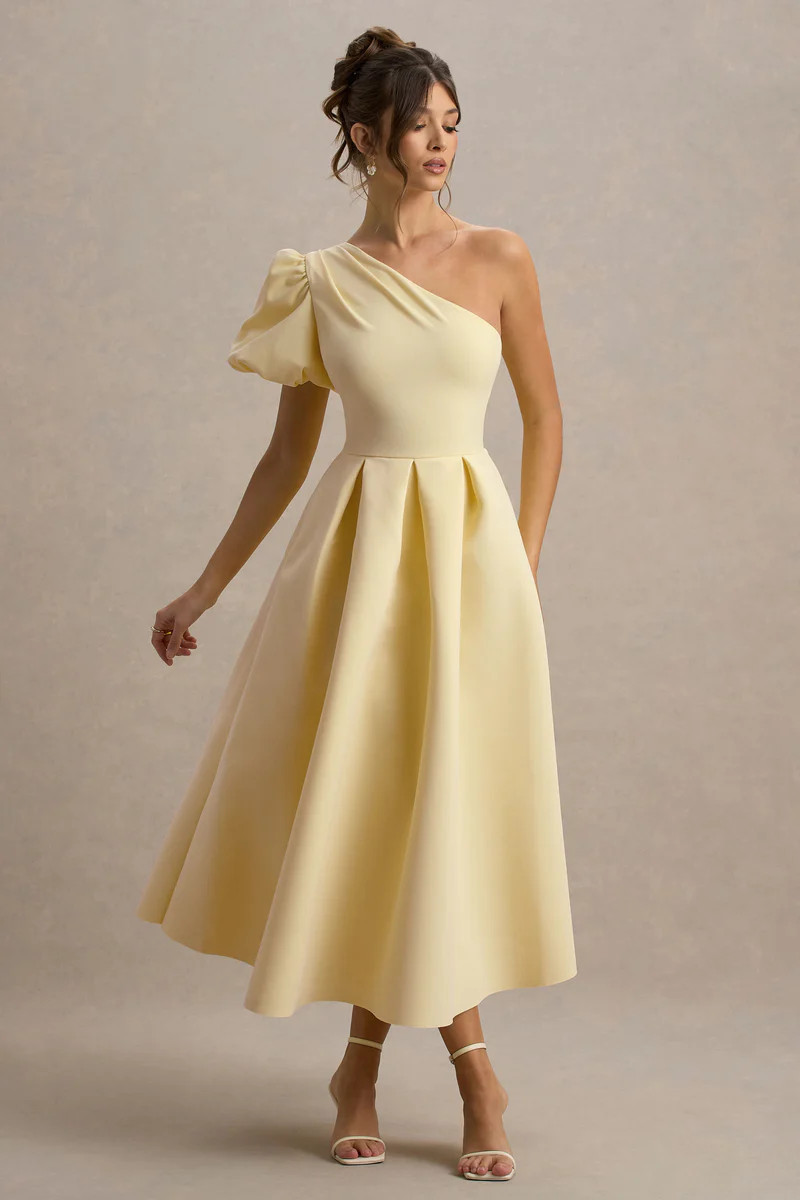 Rochelle | Lemon Asymmetric Puff-Sleeve Midi Dress | Club L London