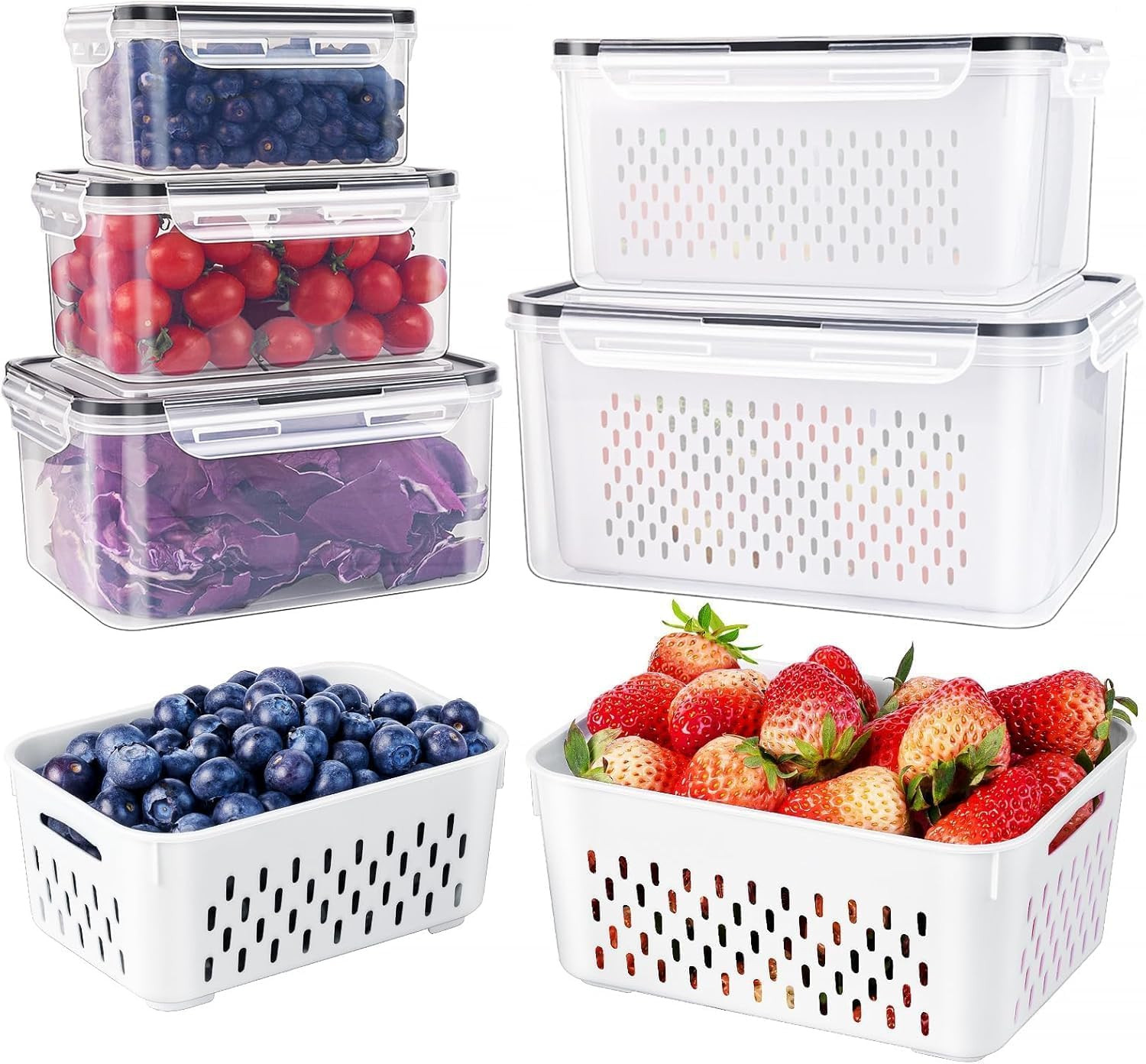 5 PCS Large Fruit Containers for Fridge - Leakproof Food Storage Containers with Removable Coland... | Amazon (US)