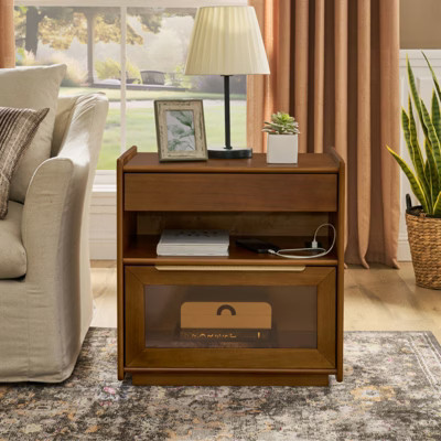 SKRAN Mid Century Farmhouse  Side Cabinet with Charging Station & Outlet Hole & 2 Drawers with Open Shelf &  Drawer for Living Room, Dark Walnut | Target