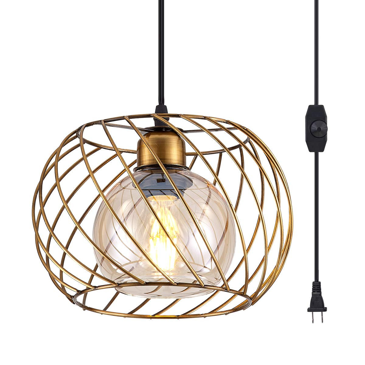 YLONG-ZS Gold Small Hanging Glass Lamps, Plug-in Dimmable Pendant Lighting for Bedroom Living Roo... | Amazon (US)