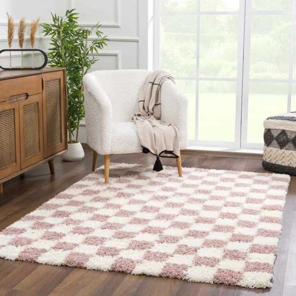 Atiran Checkered Shag Pink Area Rug | Wayfair North America