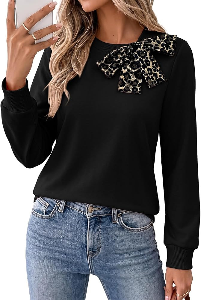 SHEWIN Long Sleeve Shirts for Women Bow Tie Dressy Casual Blouses Fall Tops | Amazon (US)