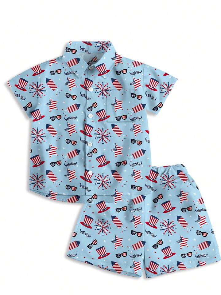 Young Boy Independence Day Creative Printed Casual Shirt And Shorts Set, Summer Outdoor Clothing | SHEIN