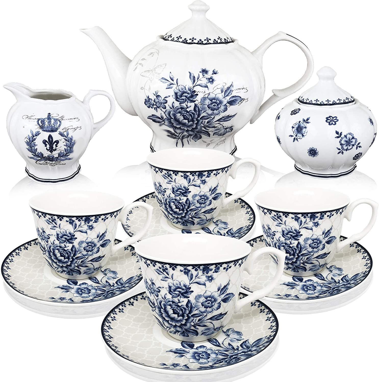 BTaT- Blue Dream Tea Set, Tea cups (8oz), Tea Pot (48oz), Creamer and Sugar Set, Gift box, China ... | Amazon (US)