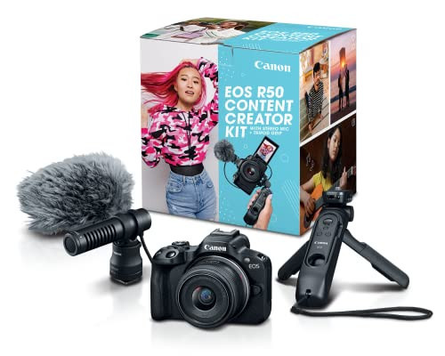 Canon EOS R50 Content Creator Kit, Hybrid Mirrorless Camera with RF-S18-45mm F4.5-6.3 IS STM Lens, Tripod Grip, Microphone, Wireless Remote Control, 24.2 MP CMOS (APS-C) Sensor, Vlogging Camera, Black | Amazon (US)