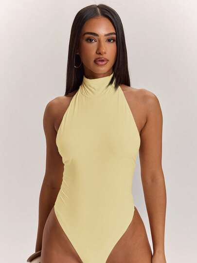 SHEIN BAE Women's Solid Color Halter Neck Backless Fitted Versatile Daily Outing Bodysuit | SHEIN